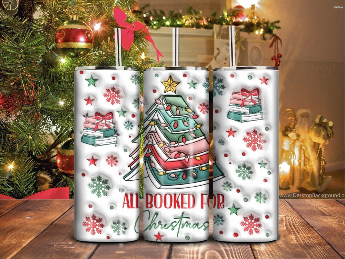 “All Booked for Christmas” Book Tree Tumbler – 20oz Holiday Reader Gift
