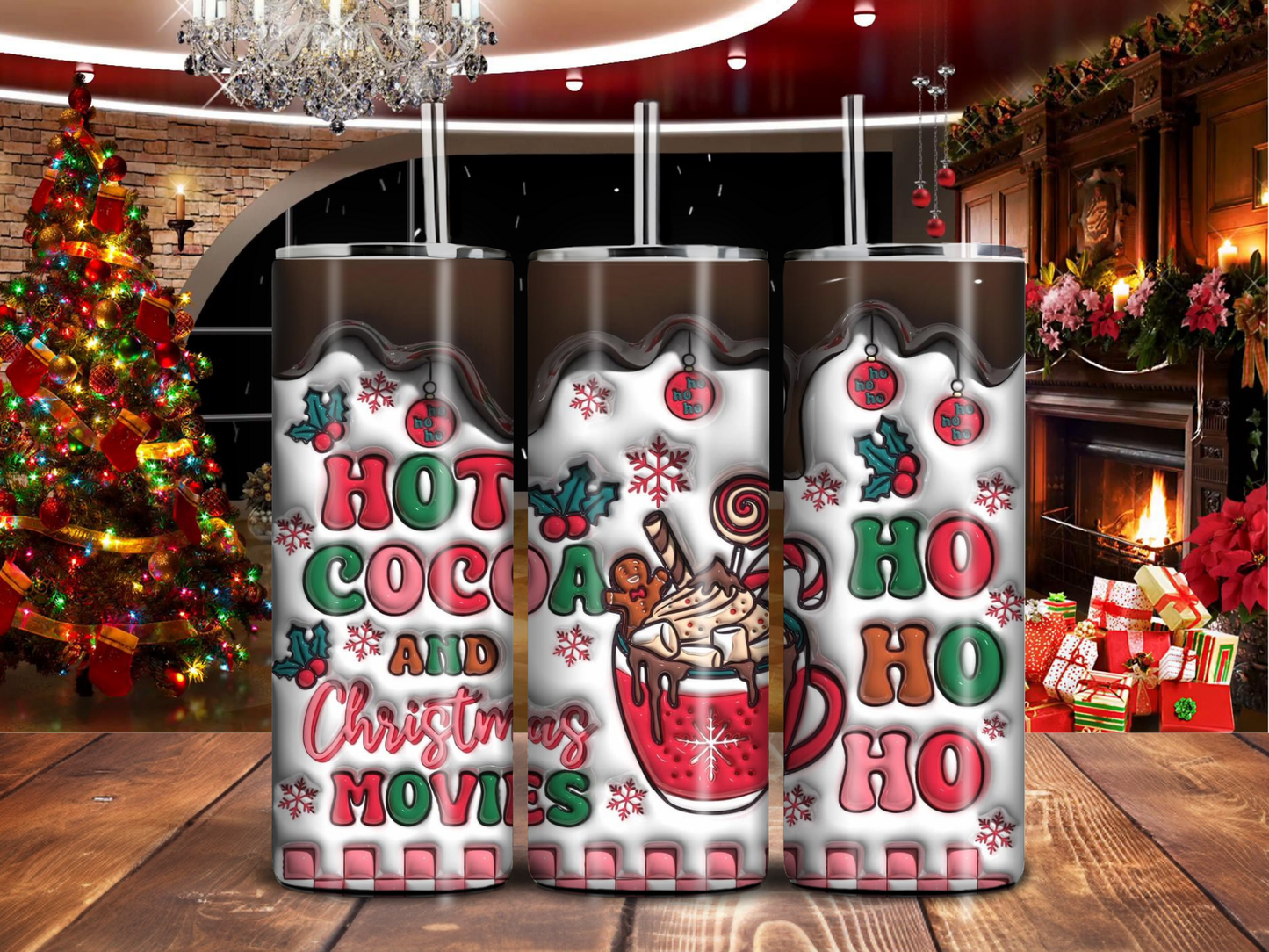 Hot Cocoa & Christmas Movies 20oz Tumbler – Holiday Mug Design with Ho Ho Ho Snowflakes