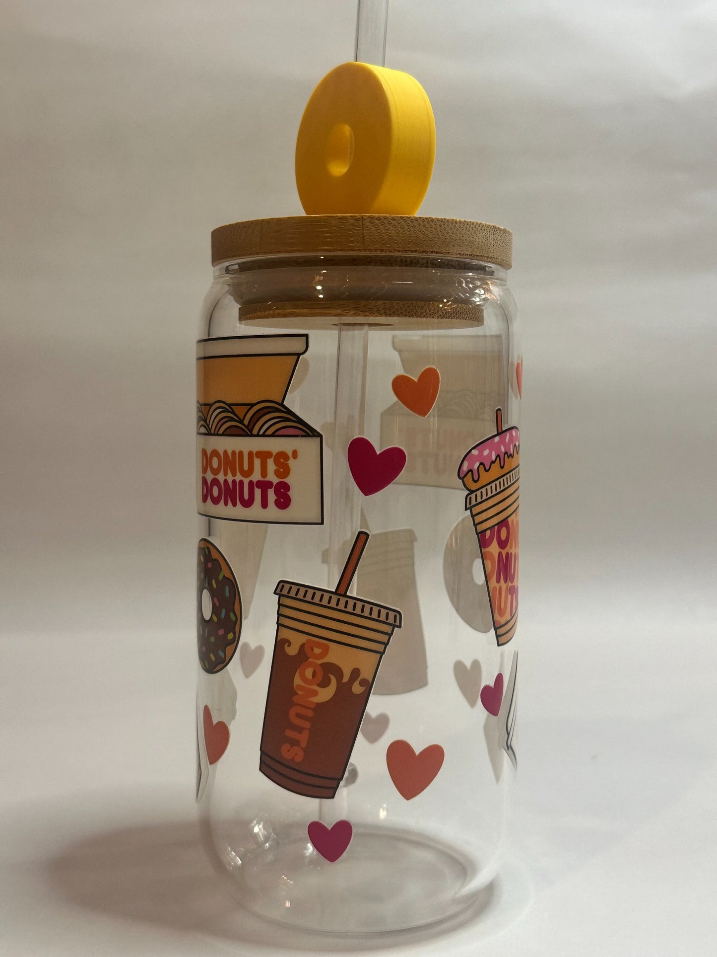 16oz Libby glass with donut and coffee themed wrap and chocolate donut straw charm