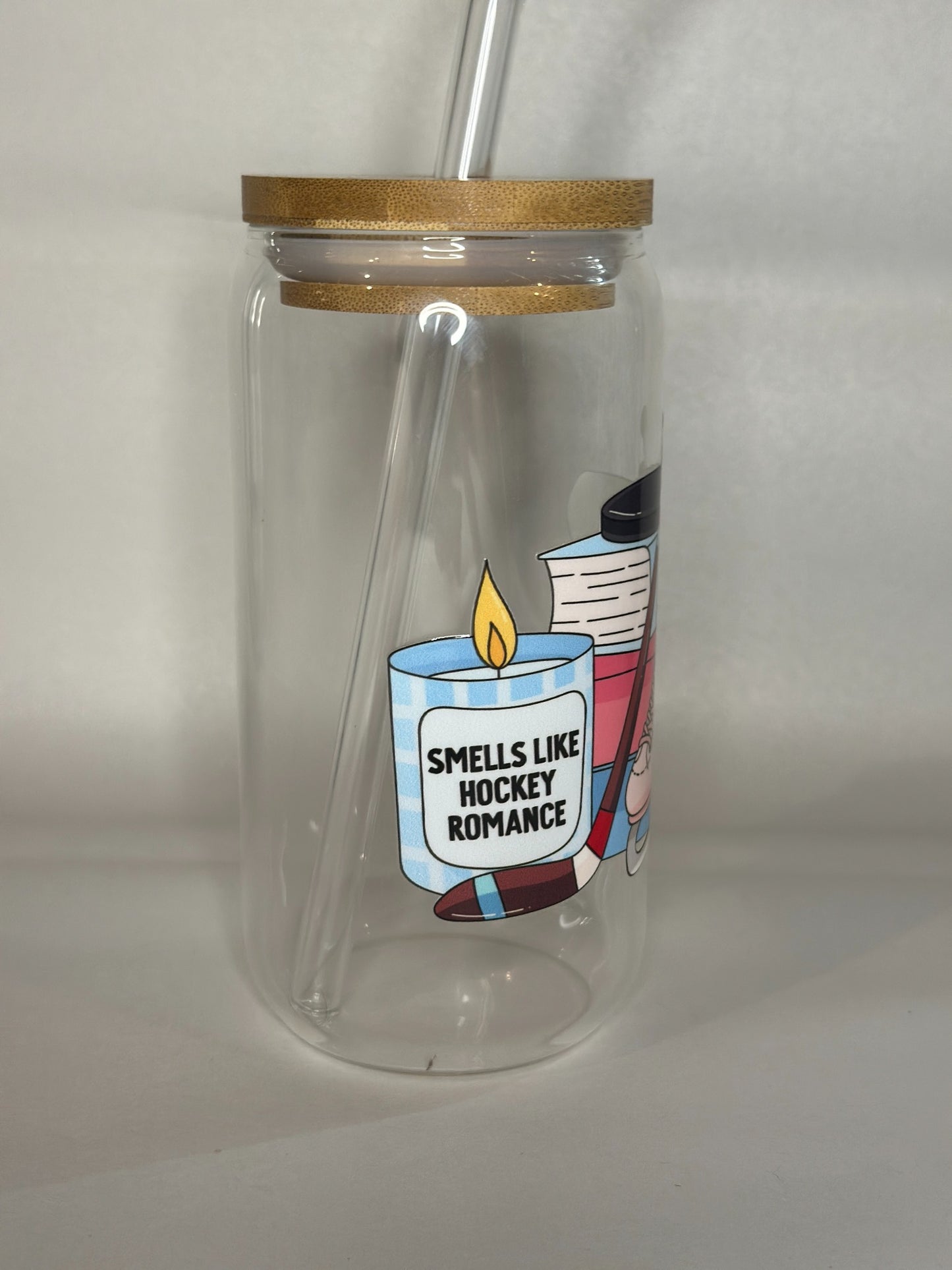 Smells Like Hockey Romance Libby Glass – 16oz Iced Coffee Cup with Bamboo Lid & Glass Straw