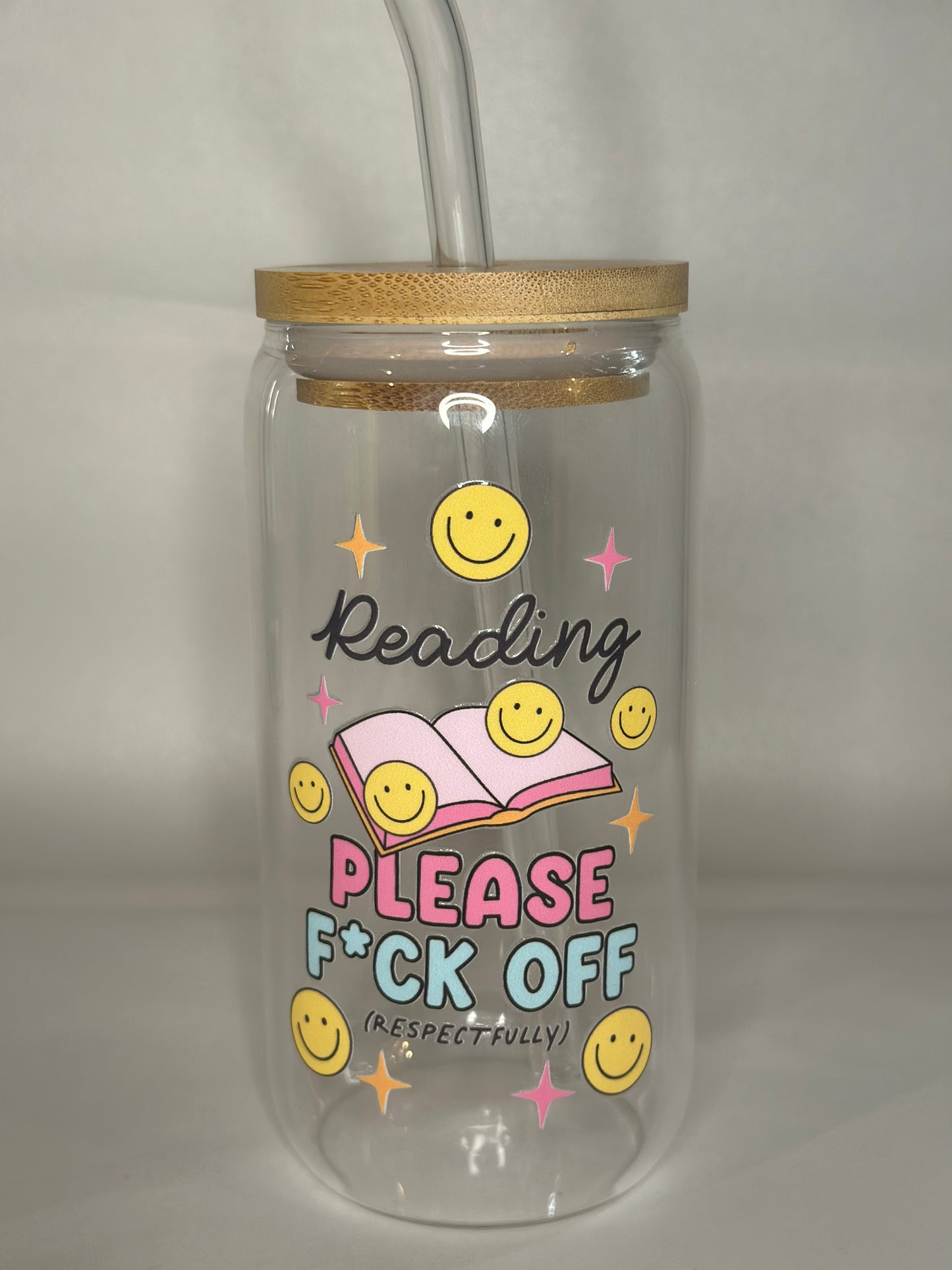 Reading – Please F*ck Off (Respectfully) – 16oz Libby Glass with Bamboo Lid & Straw