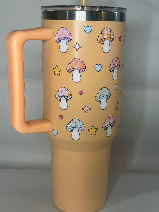 40oz Mushroom Magic Tumbler with Handle – Cute Psychedelic Vibe, Stainless Steel, Sublimated Design