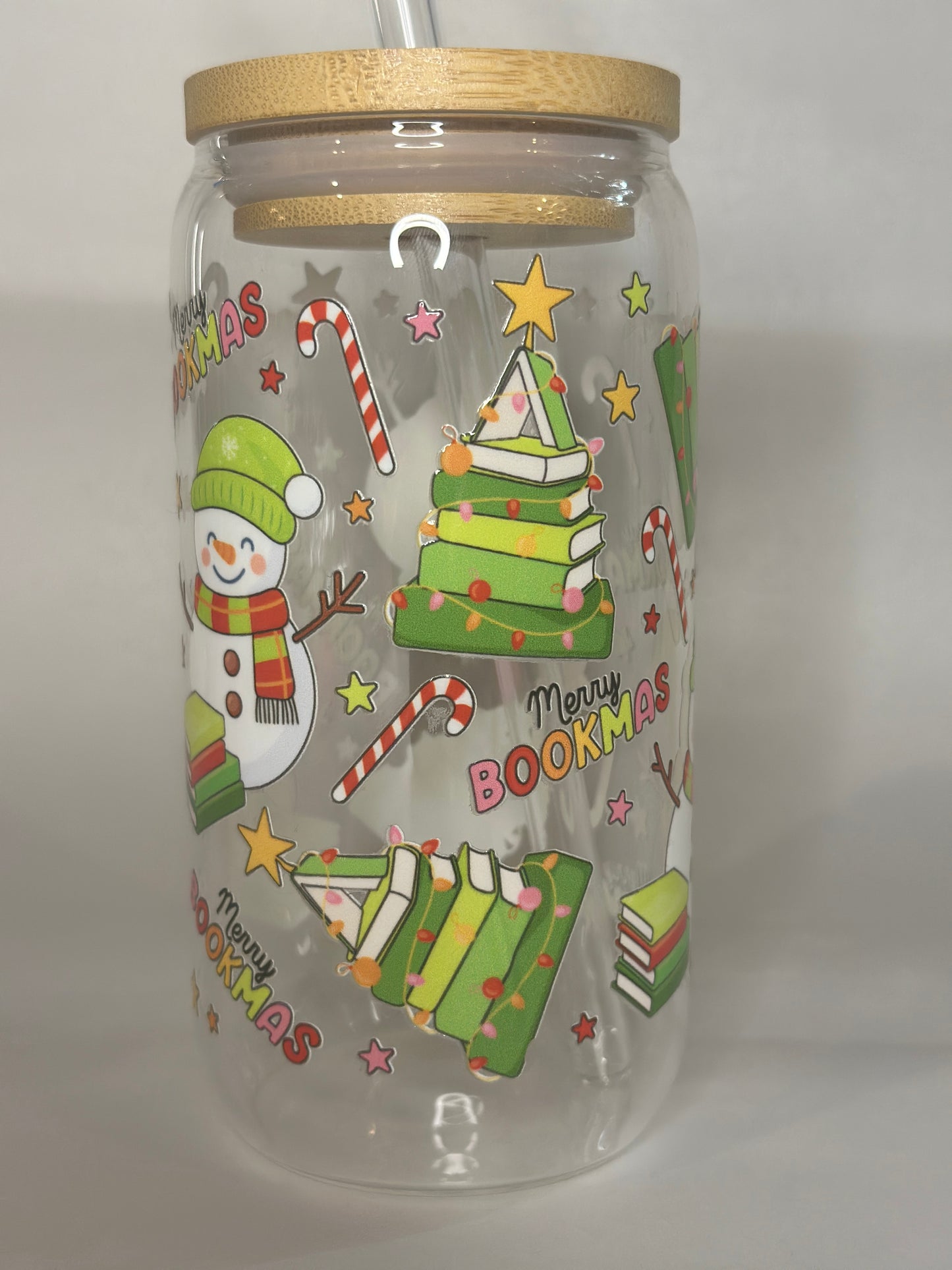 Merry Bookmas 16oz Libby Glass Cup – UV-DTF Holiday Cup with Books, Snowman, Candy Canes, Lid & Straw