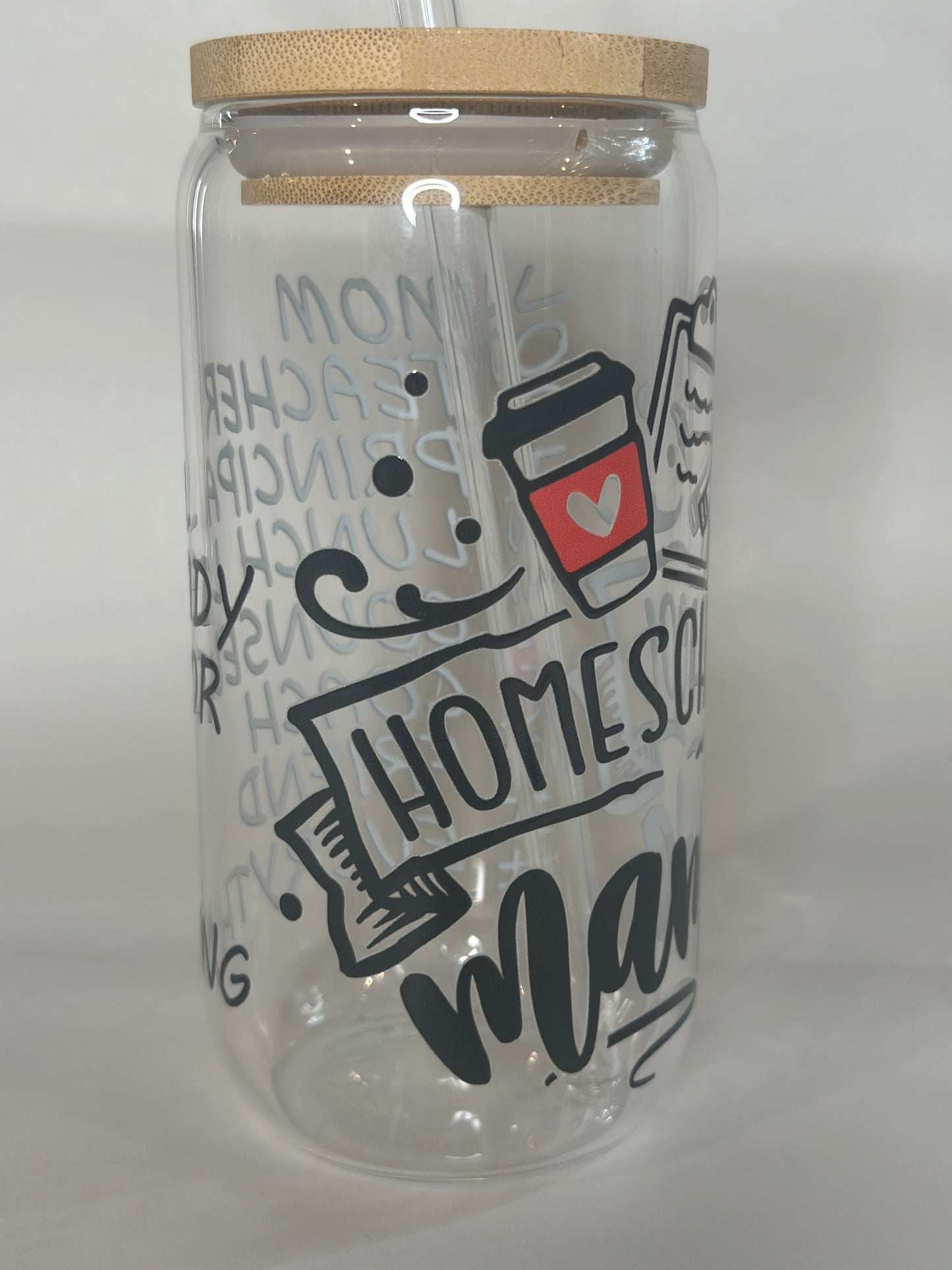 Homeschool Mama 16oz Libby Glass with Bamboo Lid & Straw – Teacher Gift, Mom Life Drinkware