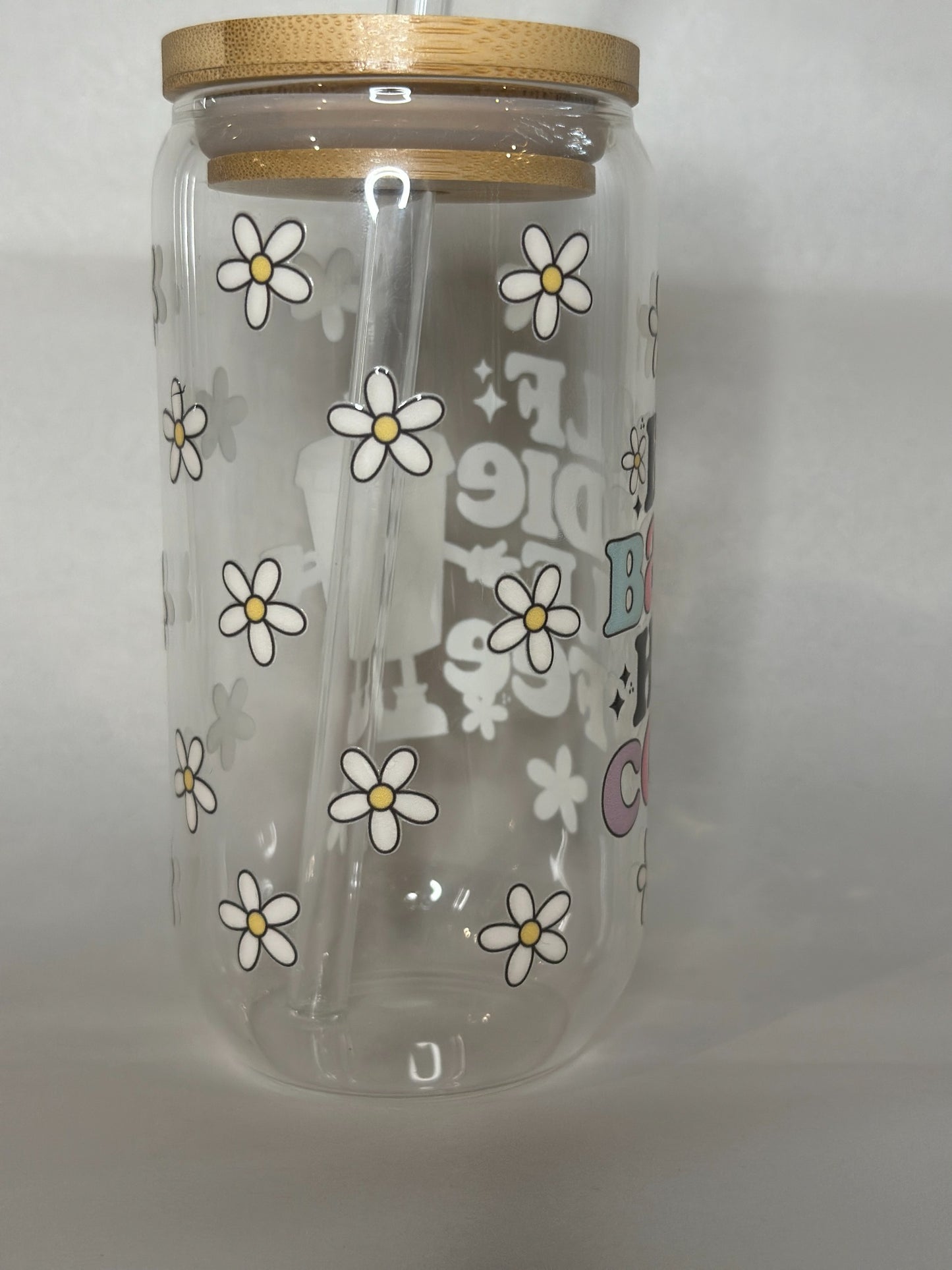 Half Baddie Half Coffee 16oz Libby Glass Can with Bamboo Lid & Straw – Cute Daisy Retro Tumbler