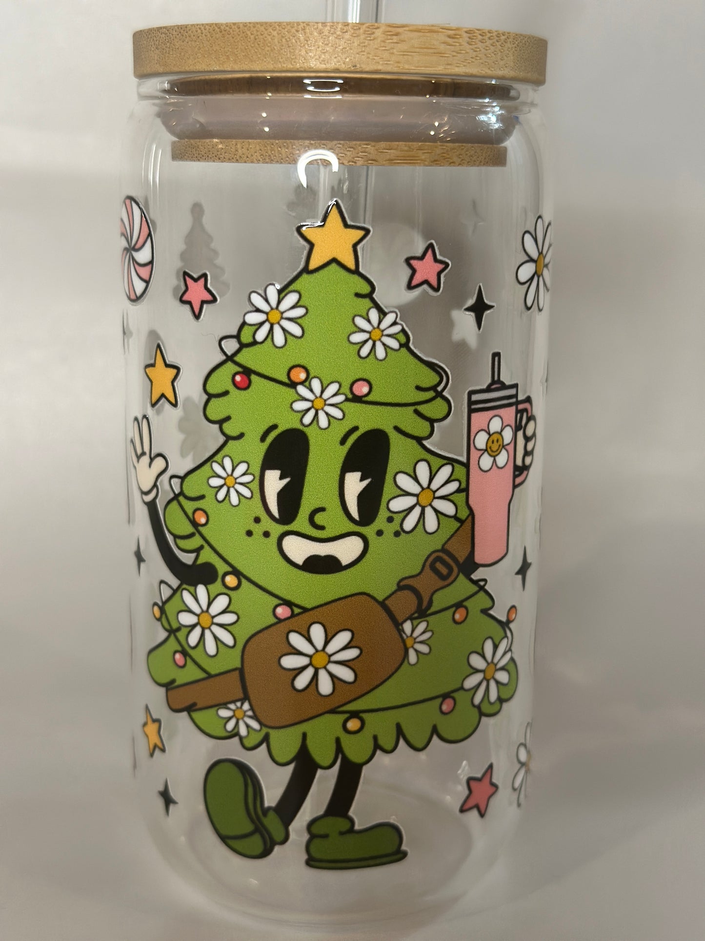Daisy Tree 16oz Christmas Libby Glass | Cute Holiday Glass Cup with Lid & Straw