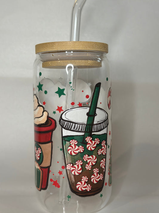 16oz Christmas Libby Glass Cup – Peppermint Mocha, Gingerbread, Holiday Drink Tumbler with Bamboo Lid & Straw