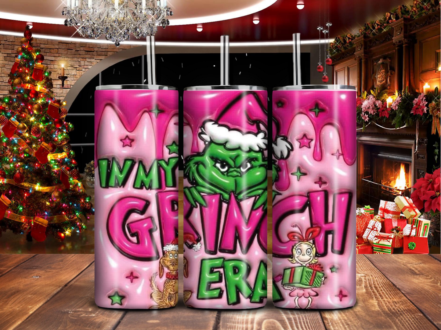 In My Grinch Era Tumbler – 20oz Pink Christmas Cup with Max, Cindy Lou, and Sass