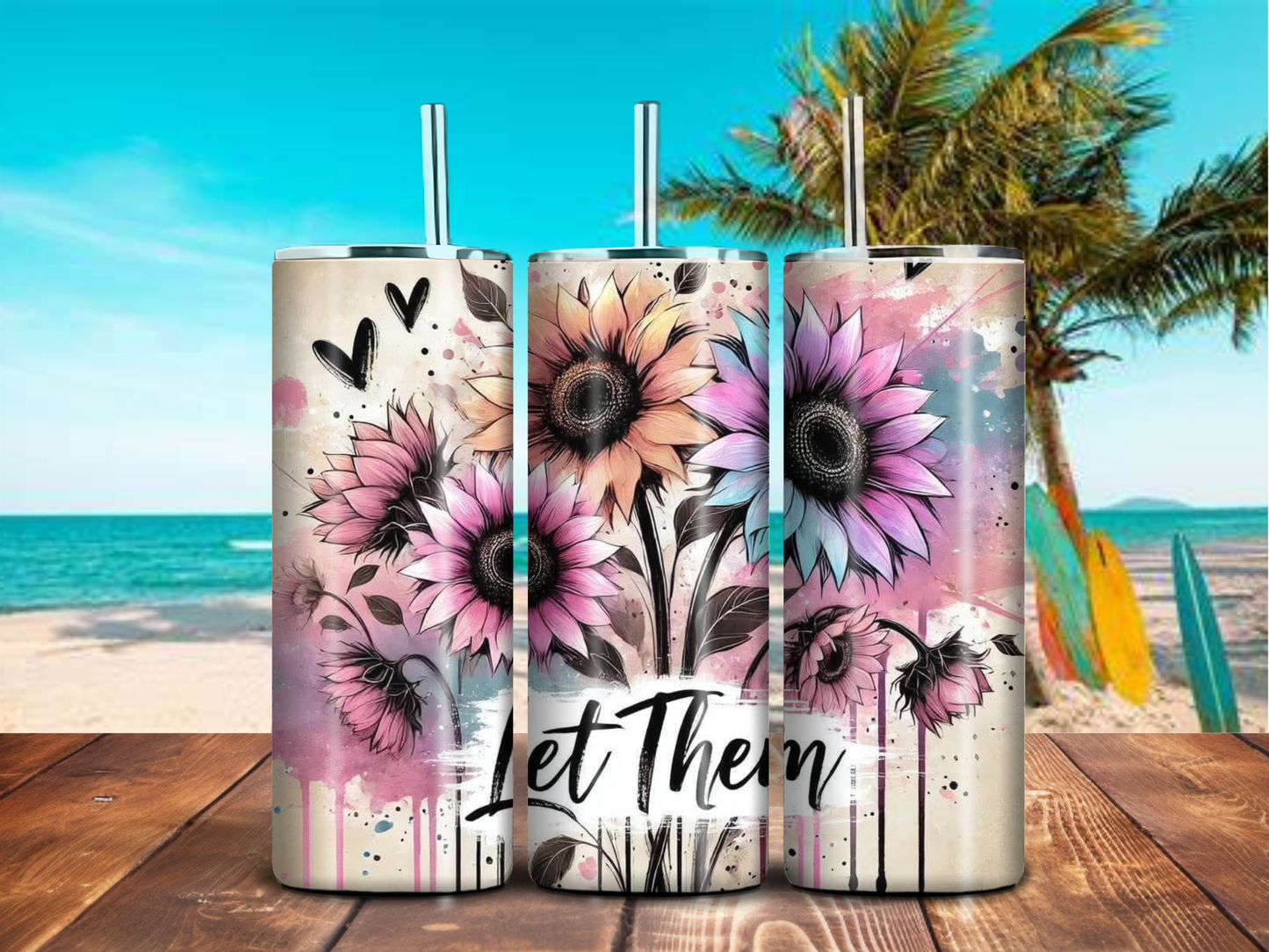 Pastel Sunflower "Let Them" 20oz Skinny Tumbler – Inspirational Floral Design, Stainless Steel, Handmade