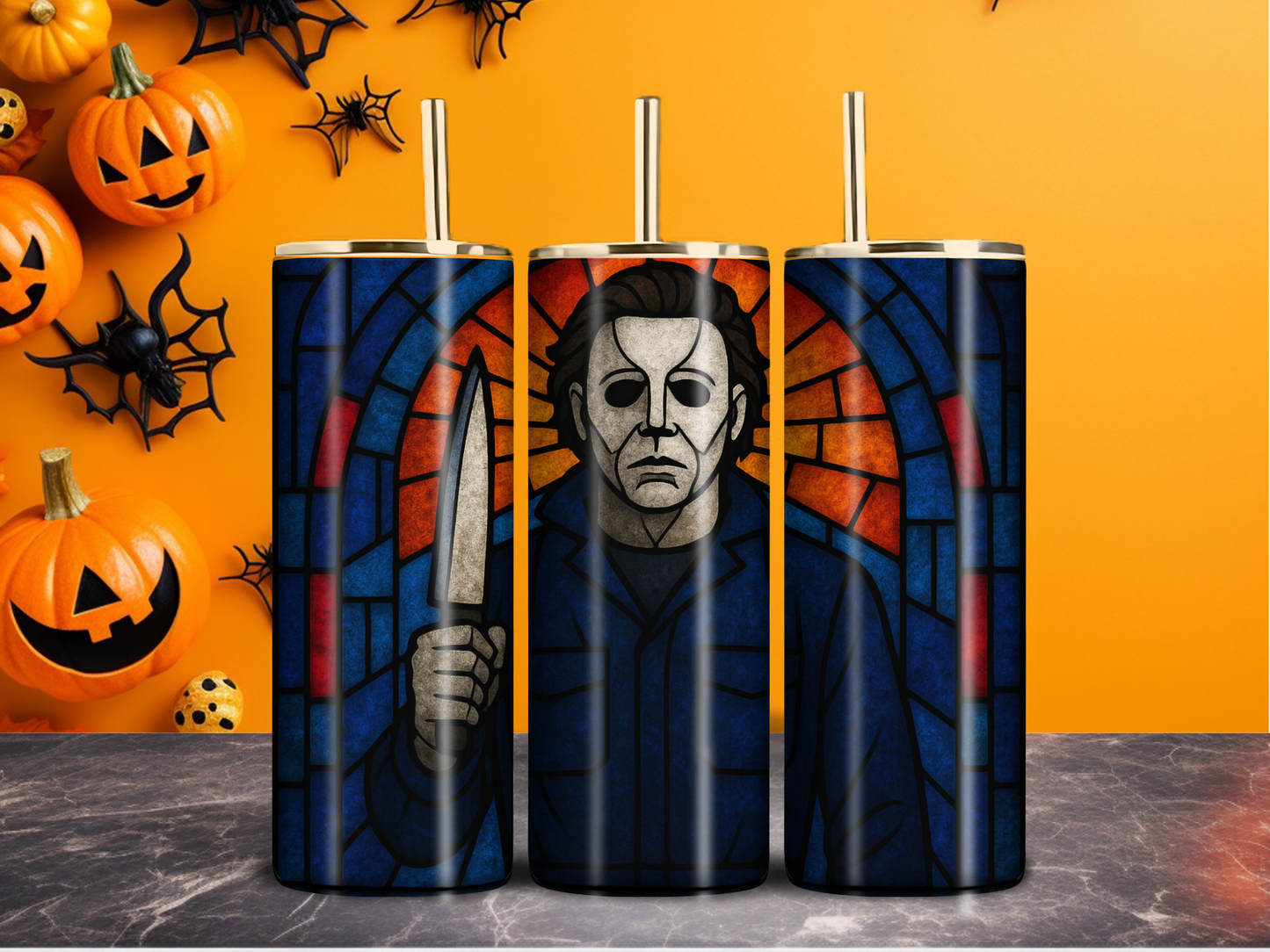 20oz Halloween Horror Tumbler – Stained Glass Masked Slasher Design – Stainless Steel Insulated Cup with Straw & Lid