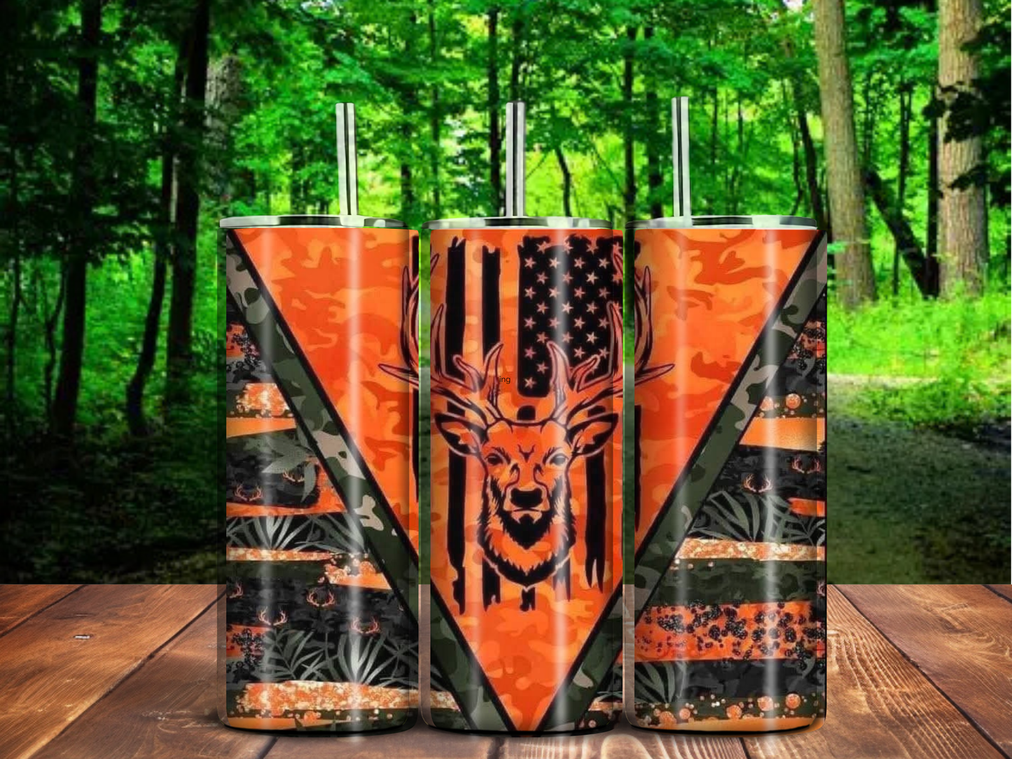 Orange Camo Hunting 20oz Tumbler – Blaze Flag Design with Deer Skull & Buck Graphic