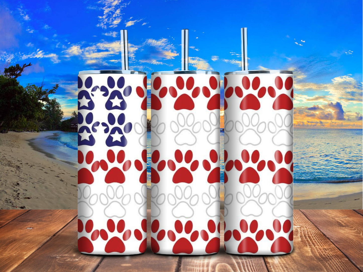 Patriotic Paw Print 20oz Skinny Tumbler – Red, White & Blue Stars & Paws Design, Handmade Stainless Steel Drinkware