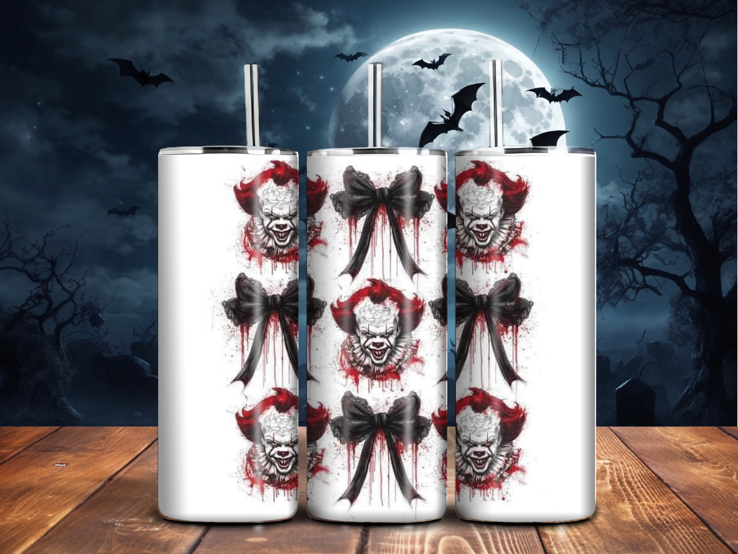 Bloody Clown & Gothic Bow Tumbler – Horror Aesthetic Halloween Cup (20oz)