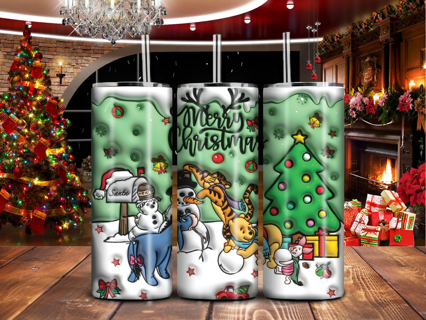 Bear & Friends Merry Christmas 20oz Tumbler – Holiday Tree, Gifts & Snow Scene
