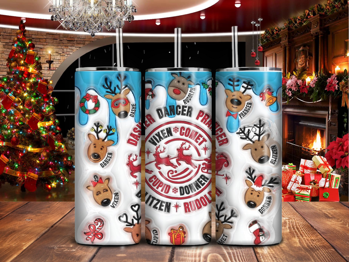 Reindeer Roll Call 20oz Tumbler – 3D Rudolph & Santa’s Team Christmas Tumbler