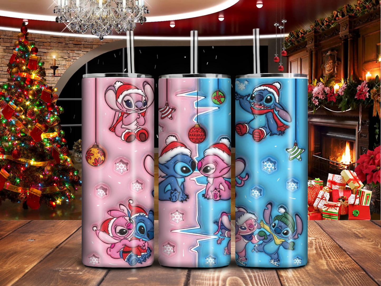 Stitch & Angel Christmas 20oz Tumbler – Pink & Blue Holiday Love with Snowflakes & Santa Hats
