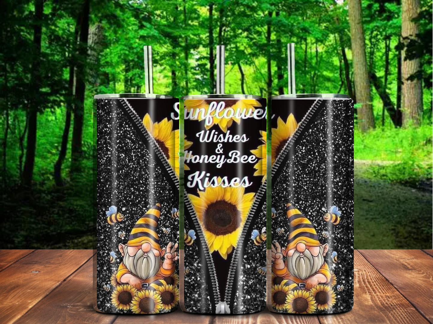 Sunflower Wishes & HoneyBee Kisses 20oz Tumbler – Gnome, Glitter & Bee Design