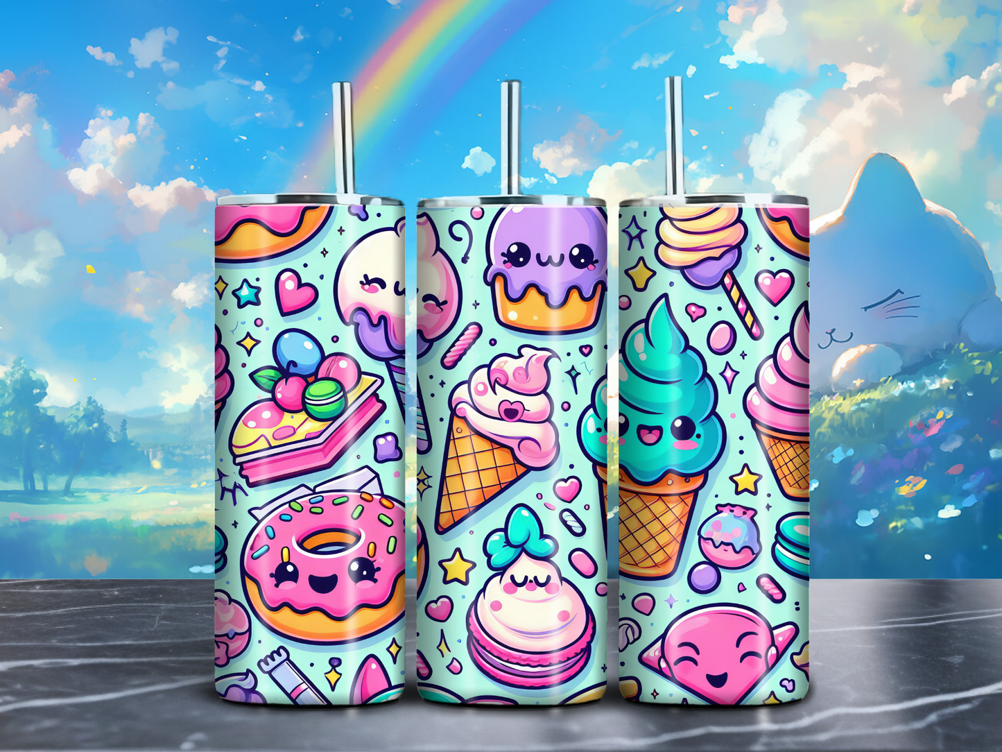 Kawaii Sweets 20oz Tumbler – Cute Donuts, Cupcakes & Ice Cream Stainless Steel Skinny Cup