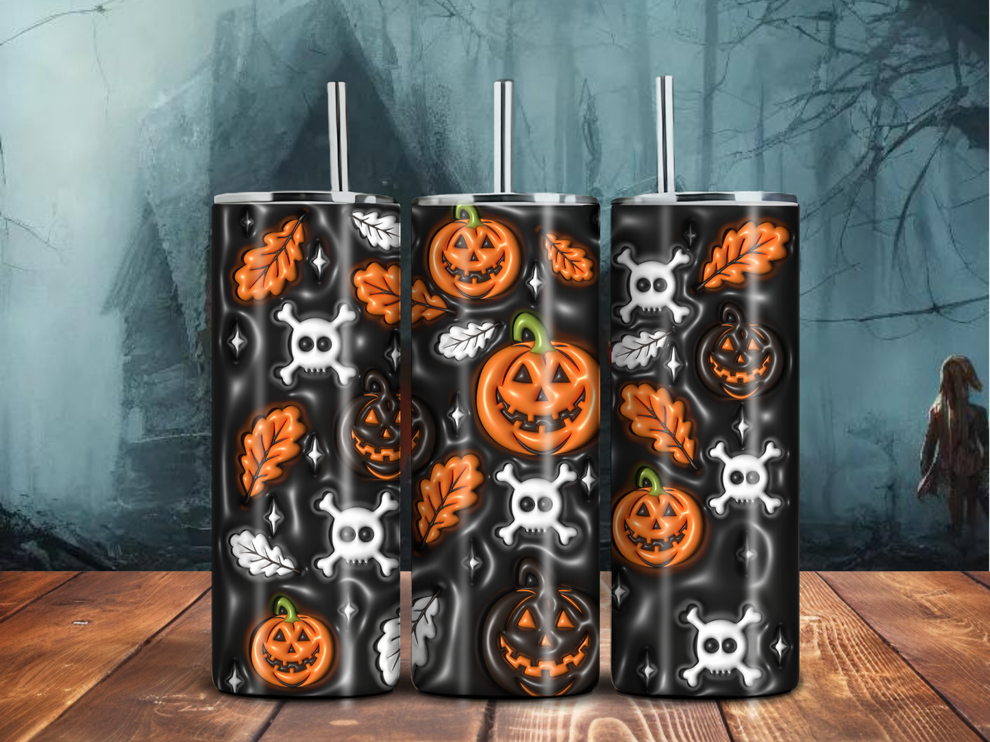 Glow-In-The-Dark Style Pumpkin & Skull Halloween Tumbler – 20oz Stainless Steel Sublimated Cup | Spooky Cute Fall Drinkware