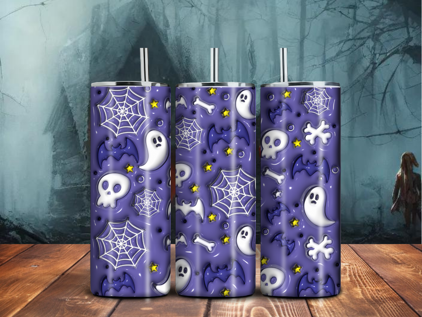 Purple Halloween Tumbler – 20oz Spooky Ghosts, Bats & Spider Webs | Sublimated Stainless Steel Drinkware