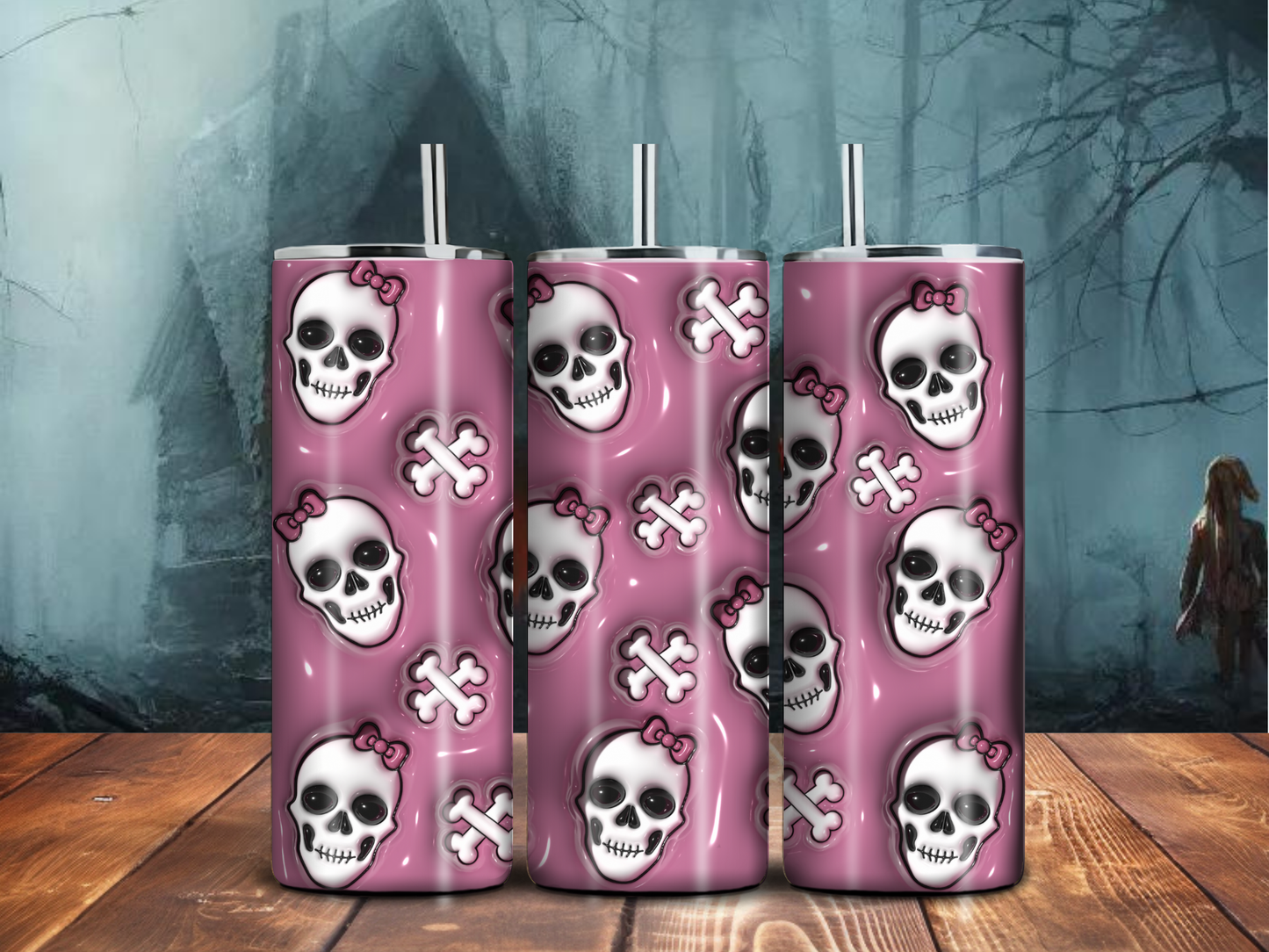 Pink Skull Tumbler – 20oz Stainless Steel Halloween Cup with Bows & Bones