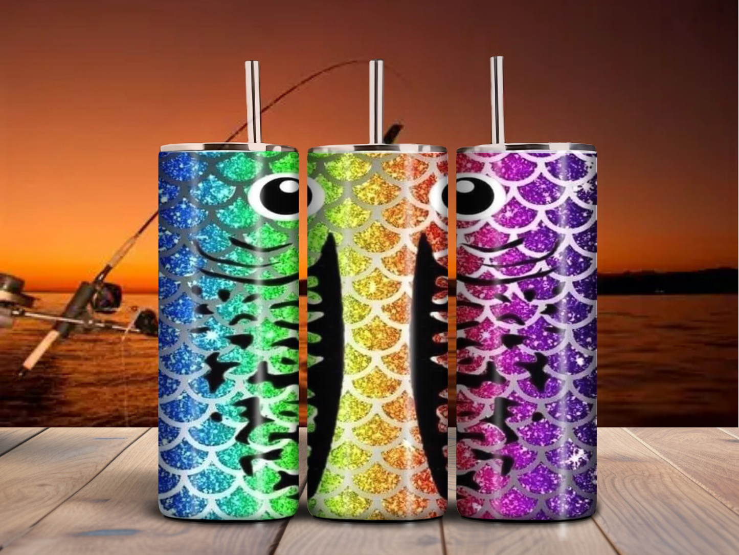 Colorful Glitter Fish Tumbler – 20oz Rainbow Scales Fishing Cup