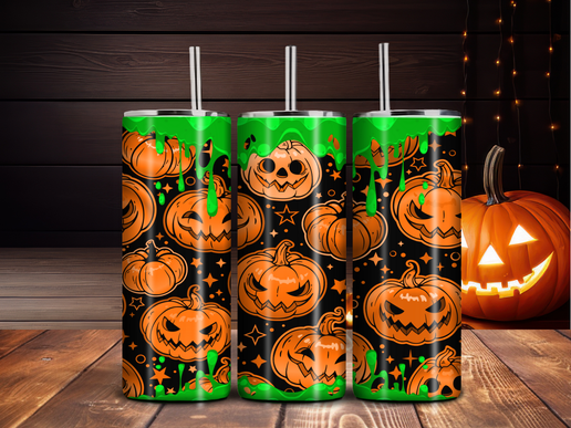 Neon Green Halloween Tumbler – 20oz Jack-O'-Lantern Cup with Dripping Slime Design
