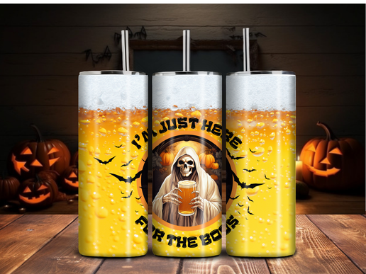 "I'm Just Here for the Boos" Grim Reaper Halloween Beer Tumbler – 20oz Sublimated Drinkware