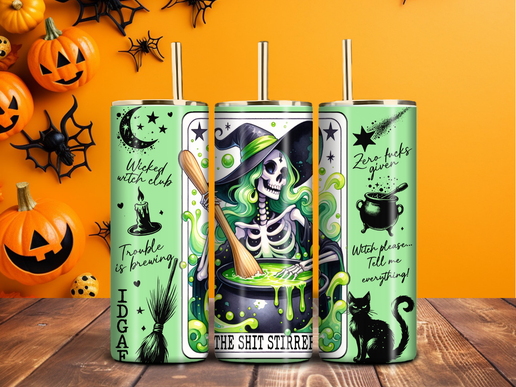 Wicked Witch 20oz Halloween Tumbler – “Sh*t Stirrer” Skeleton Cauldron Cup