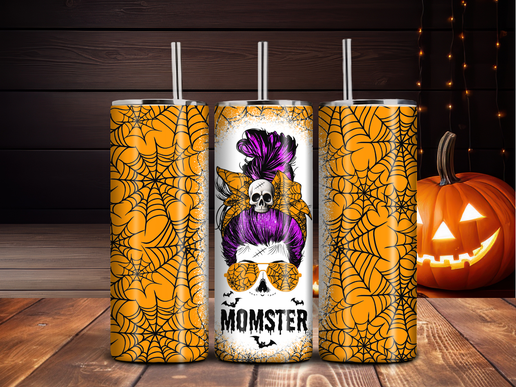 20oz Momster Halloween Tumbler – Spider Web & Skull Hair Bun Design | Sublimated Stainless Steel Cup