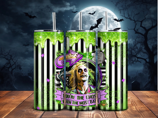 Beetlejuice “Ghost with the Most” 20oz Tumbler – Spooky Green Drip & Stripes