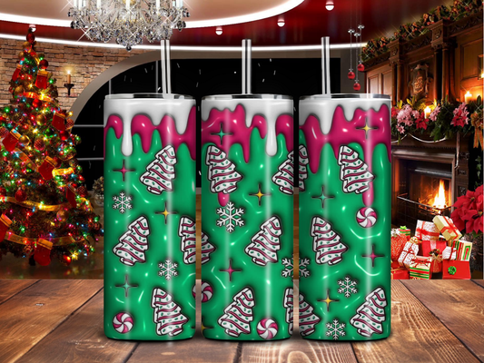 Christmas Tree Snack Cake 20oz Tumbler – Holiday Treats Cup with Candy Cane Drip Design