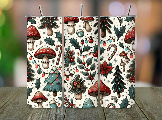 Christmas Mushroom Forest Tumbler – 20oz Skinny Sublimated Cup with Holiday Trees, Holly & Candy Canes | Stainless Steel Insulated Drinkware