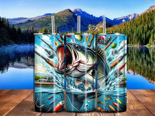 Explosive Bass Fishing 20oz Tumbler – Lure, Hook & Reel Design for Hardcore Anglers