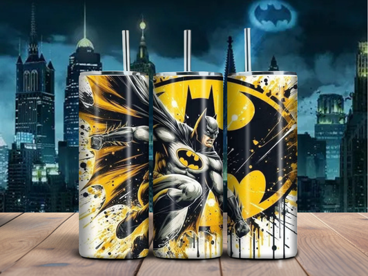 Dark Vigilante 20oz Tumbler – Comic-Inspired Hero Cup with Splatter Art Design
