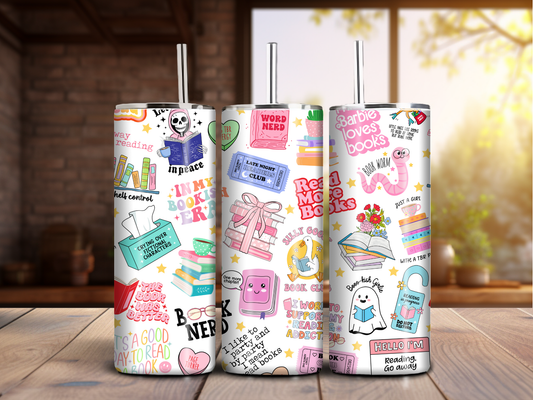 Book Nerd Energy – 20oz Sublimated Tumbler with Cute Reading Stickers