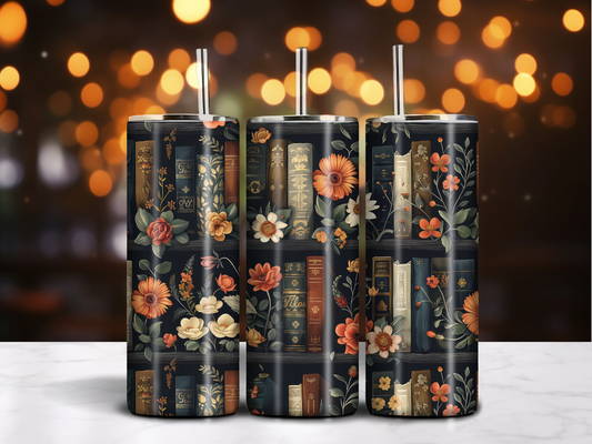 Floral Bookshelves – 20oz Sublimated Tumbler with Vintage Book Design