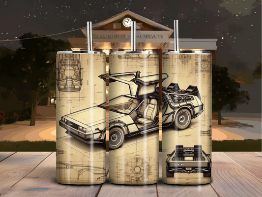 20oz Retro Time Machine Blueprint Tumbler – 80s Sci-Fi Stainless Steel Drinkware