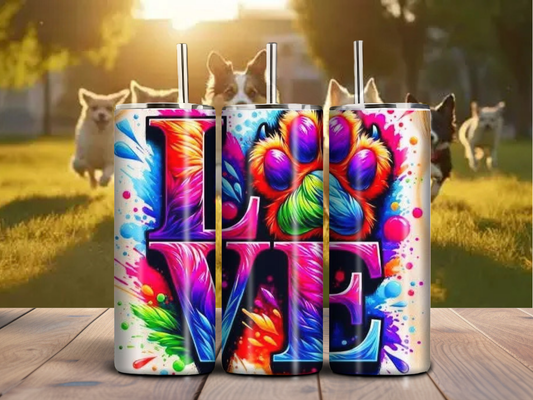 Colorful Paw LOVE 20oz Tumbler – Vibrant Dog Lover Cup