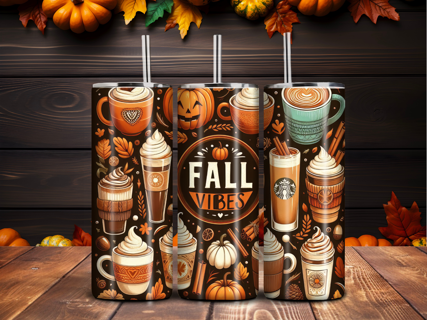 Fall Vibes Coffee 20oz Tumbler – Autumn Pumpkin Spice Latte Stainless Steel Skinny Cup