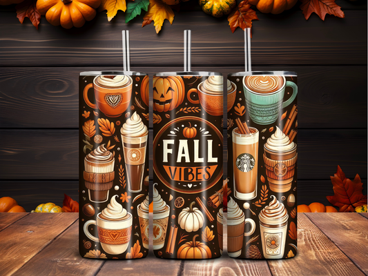 Fall Vibes Coffee 20oz Tumbler – Autumn Pumpkin Spice Latte Stainless Steel Skinny Cup