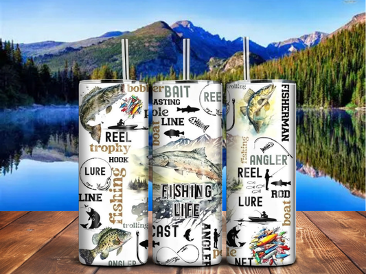 Fishing Life 20oz Tumbler – Angler Gift with Fish & Word Art Design