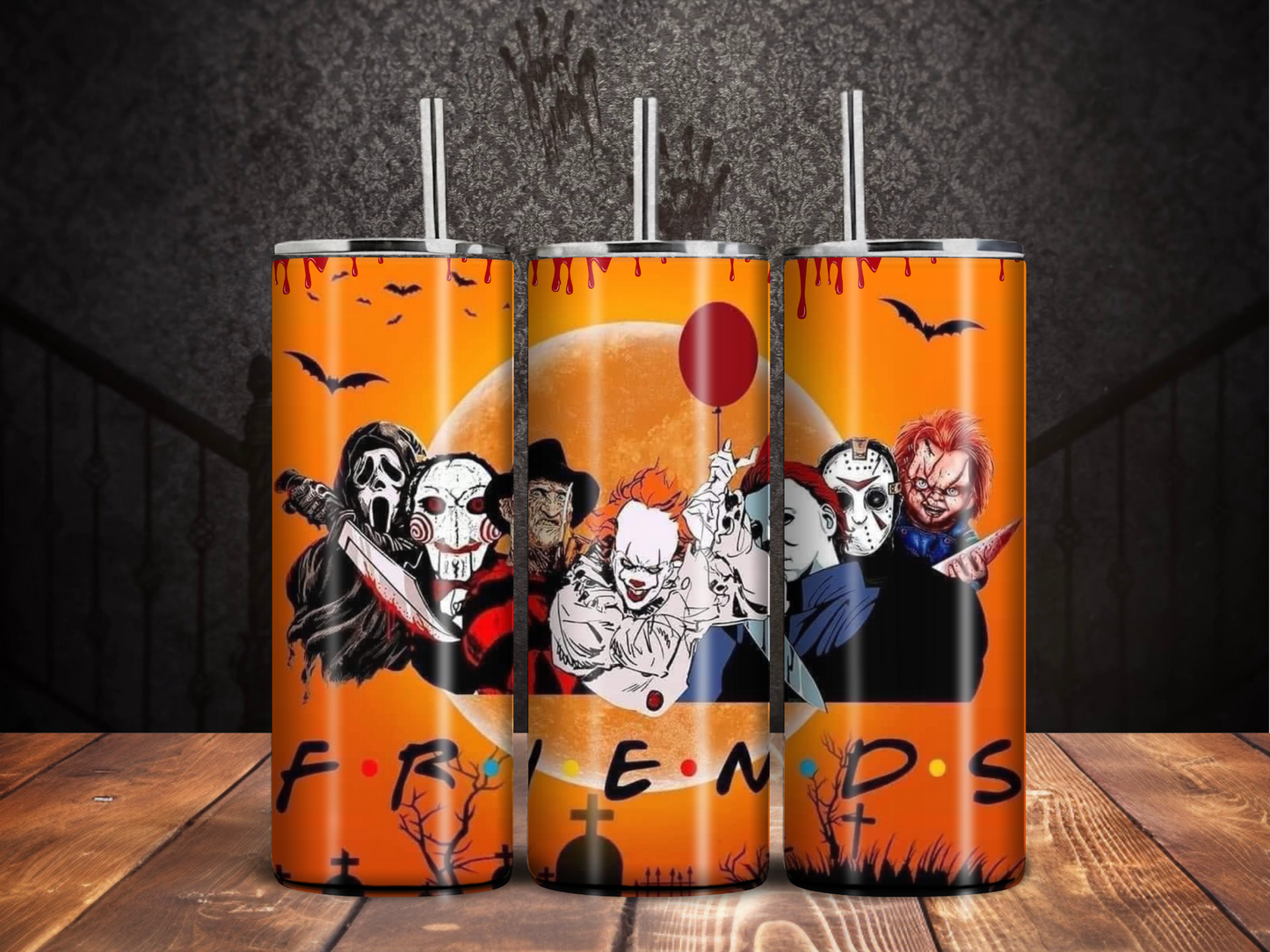 Halloween Horror Friends Tumbler – Slasher Squad Parody Design (20oz)