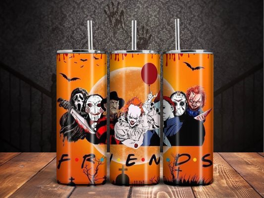 Halloween Horror Friends Tumbler – Slasher Squad Parody Design (20oz)