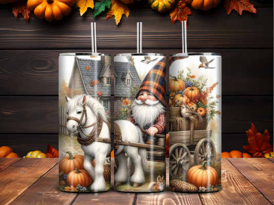 Fall Gnome & Pumpkin Cart 20oz Tumbler – Rustic Farmhouse Autumn Skinny Stainless Steel Cup