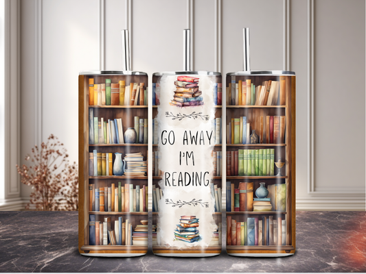 Go Away I’m Reading – 20oz Sublimated Tumbler with Bookshelf Design