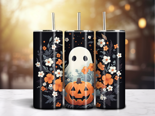 Ghost & Pumpkins – 20oz Sublimated Halloween Tumbler with Floral Design