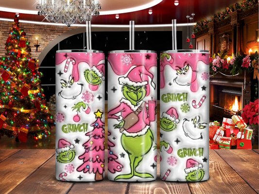 Pink Grinch Christmas Tumbler – 20oz Stainless Steel Holiday Drinkware with Tree, Candy Canes & Sass