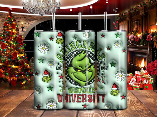 Grinchmas Whoville University 20oz Tumbler – Funny Holiday College Parody with Grinch Design