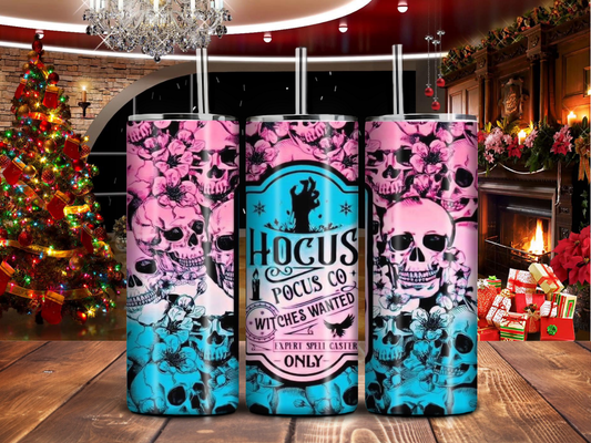 Hocus Pocus Co. 20oz Tumbler – Witches Wanted Skull & Floral Halloween Design